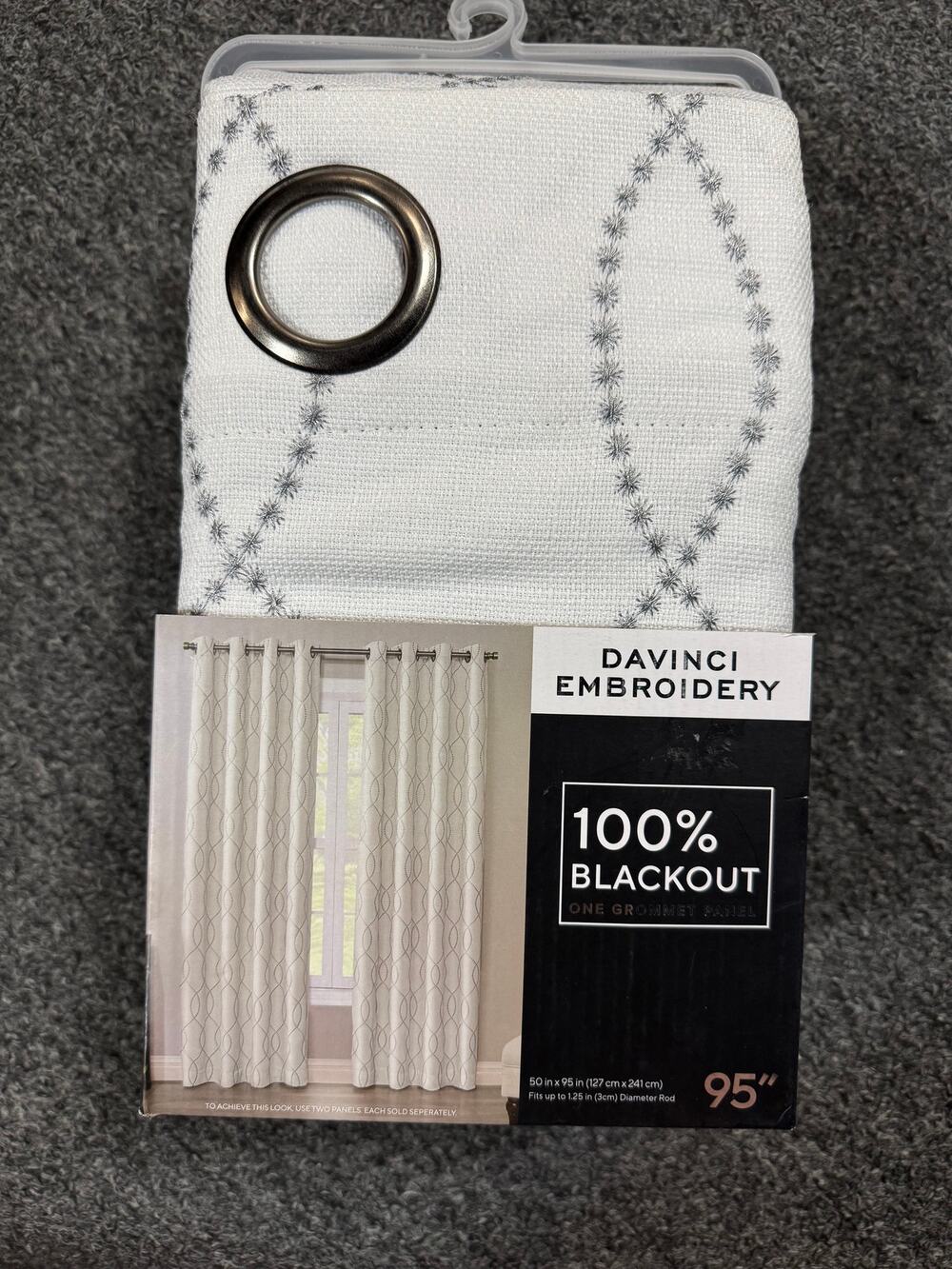 Davinci Embroidery White Gray Black out Grommet Thick Curtain Panel (1) 50"-95"